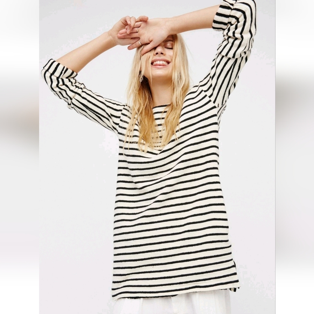 Free People Come On Over Striped Tunic Dress with Pockets S cotton lagenlook